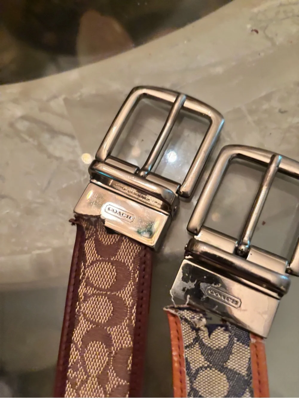 Coach Reversible Signature Canvas Belts in Brown and Navy Set of 2